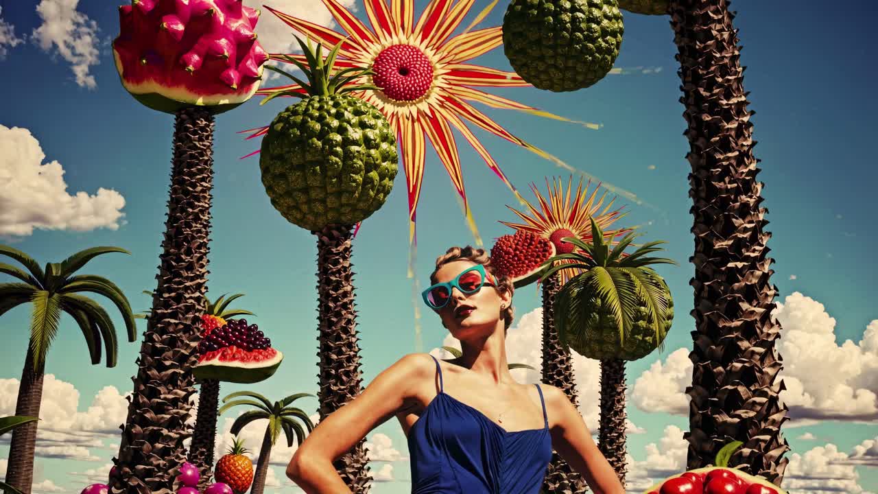 Scène vidéo surréaliste avec une vue en contre-plongée d’une femme portant des lunettes de soleil au milieu de fruits géants et colorés