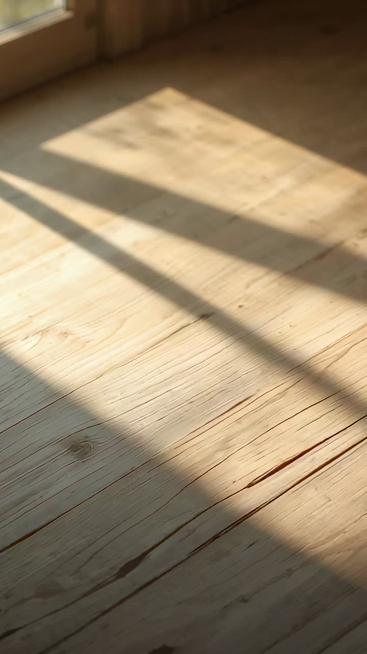 Vertical video: Shifting floor by window sliding right as sun moves showing sun patch and shadows