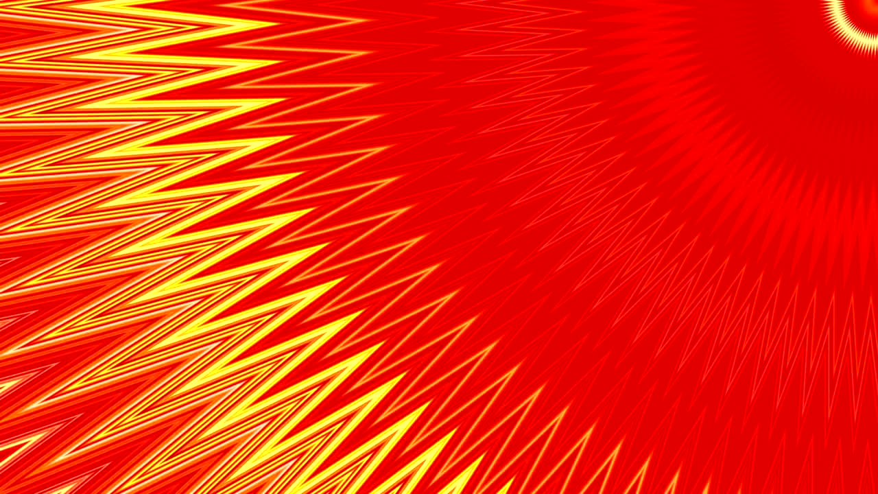 다이내한 추상적인 배경은 카레도스코프 모션으로 지그자그와 나선형으로 반원과 회전으로 오렌지색, 노란색 및 빨간색으로 변합니다.