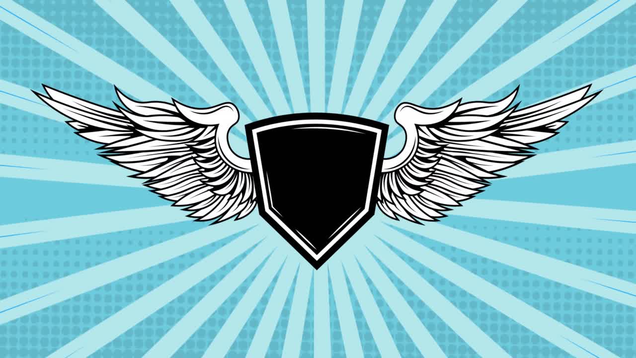 animación de forma negra con alas y espacio de copia sobre líneas en fondo azul.