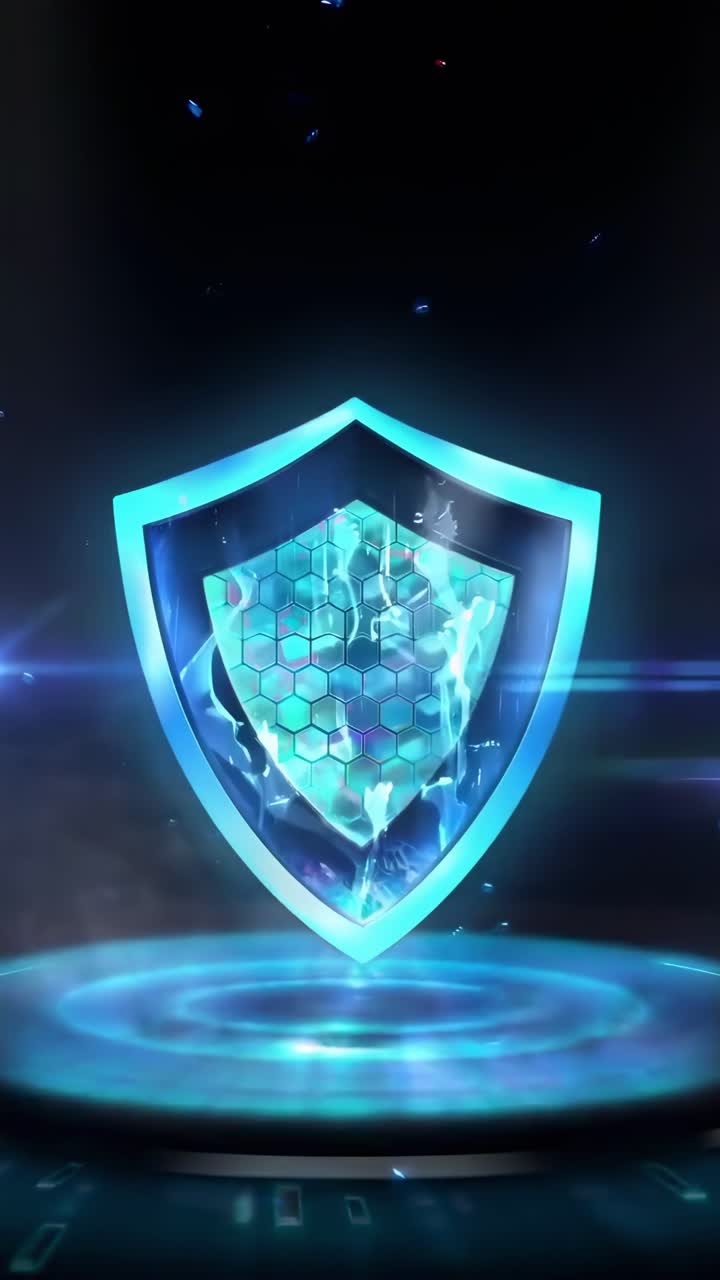 Futuristic shield icon with glowing hexagons, viewed from a low angle, ideal for video themes