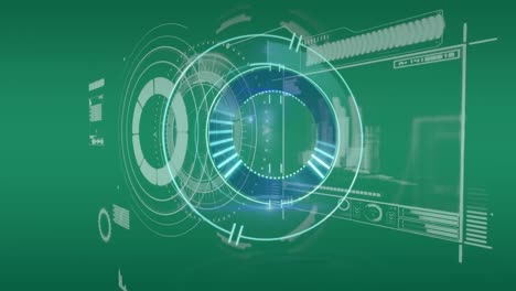 Animation-of-processing-circle-over-digital-screen-with-data-on-green-background