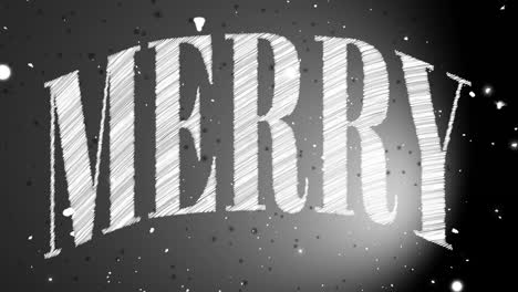 animation of merry text and snow falling over grey background