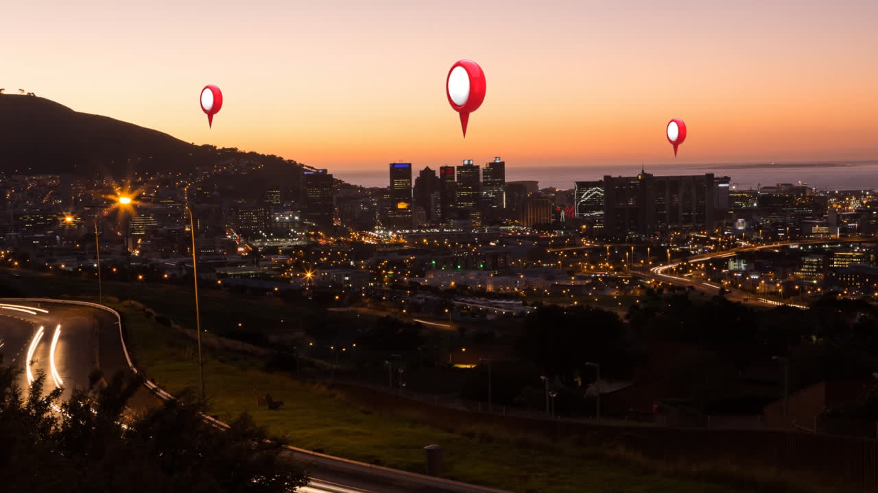 alfileres de ubicación y paisaje urbano