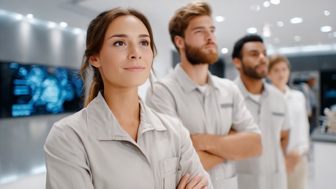 A Confident Group of Professionals Strategizing in a Modern Workplace, With Focused Expressions and Coordinated Attire, Showcasing Team Dynamics and Collaborative Energy in a Technologically Advanced Environment