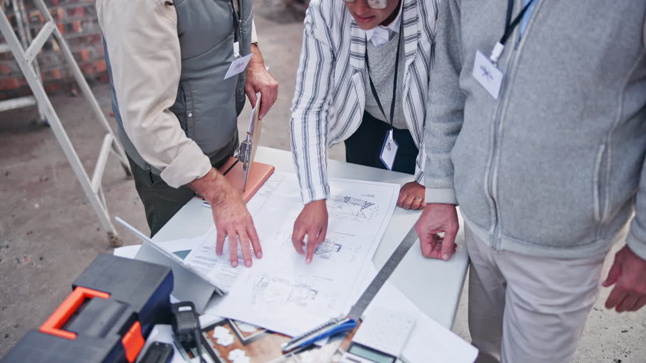 Construction workers discussing blueprints on site