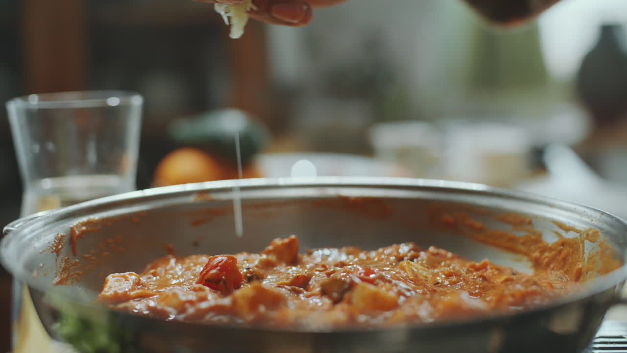 la mano del chef exprimiendo jugo de limón sobre mantequilla de paneer masala en la sartén