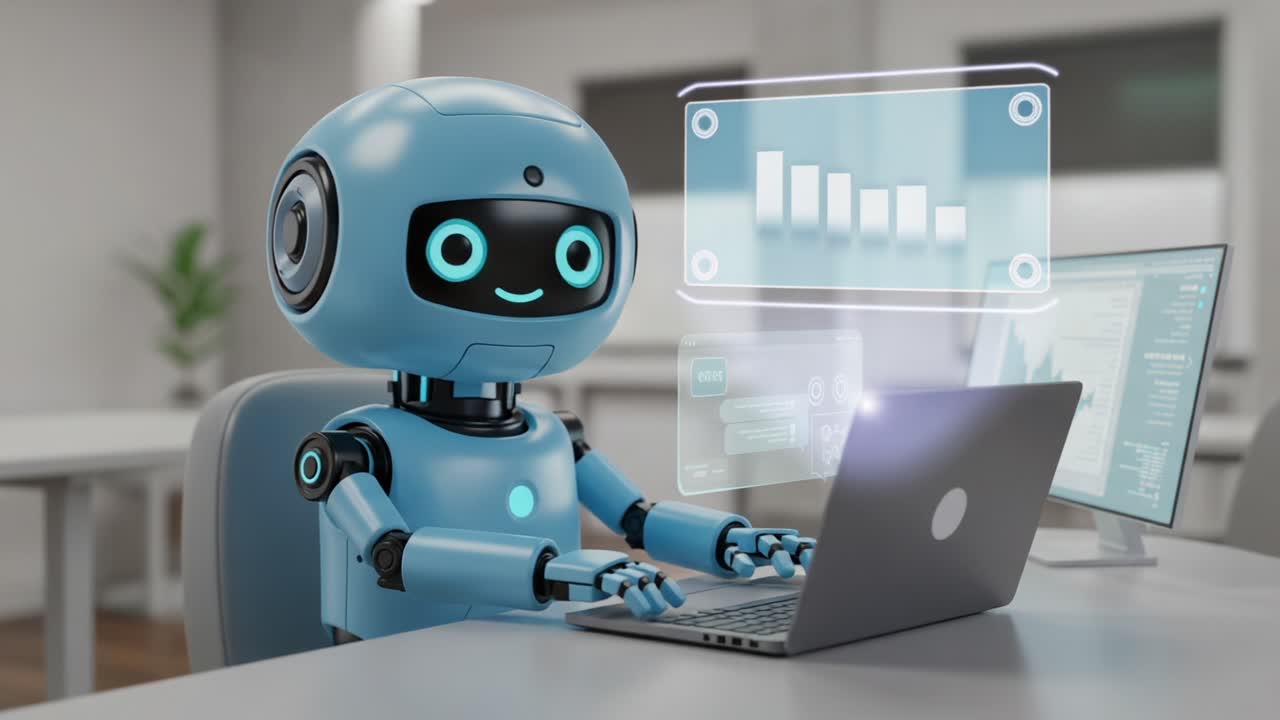 A Charming Blue Robot Engaged in Data Analysis on a Laptop in a Modern Office Environment, Showcasing Advanced Interface and Technology