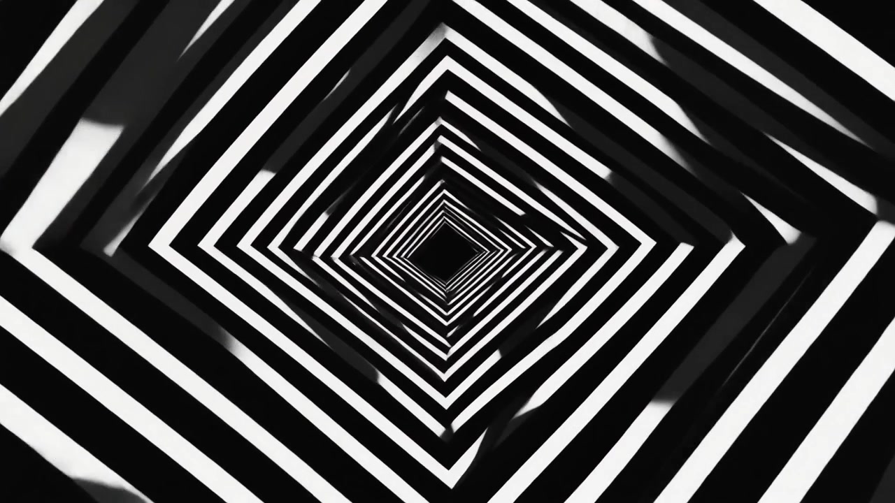 Animazione astratta di un tunnel quadrato rotante in bianco e nero.