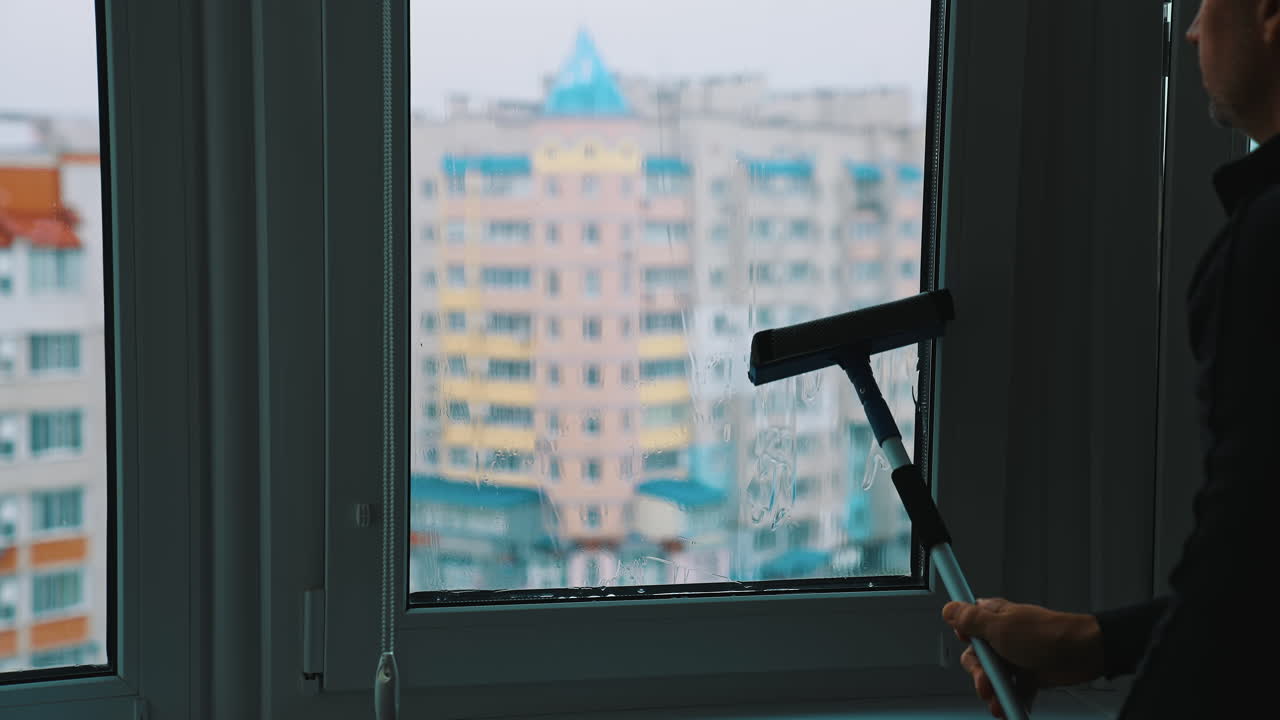 Man cleaning window with special equipment. Professional cleaning window indoor.