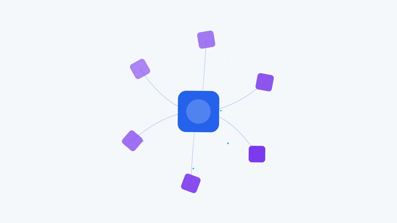 Diagramma di rete animato con hub centrale e nodi connessi