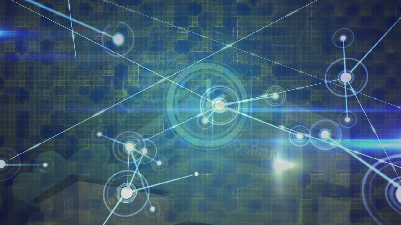 파란색 배경에 대한 회전하는 지구상의 연결 네트워크의 애니메이션