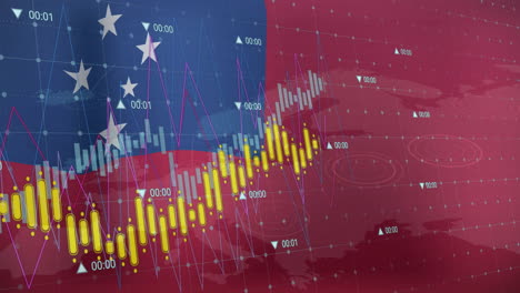 financial data and stock market animation over samoa flag background with world map