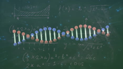 Animation-of-dna-strand-and-data-processing-over-dark-background