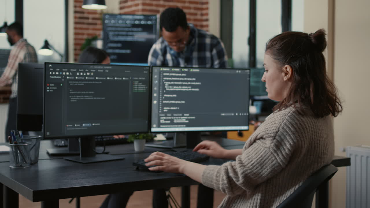 Focused software developer writing code looking at multiple computer screens
