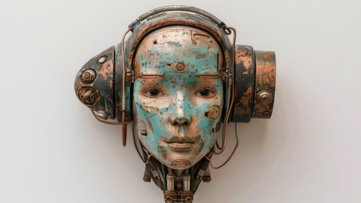 Statue femminili in metallo con altoparlanti audio e cuffie, realizzate con AI