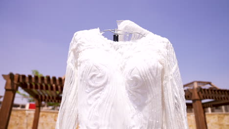 the bride's dress hanging among the plants in the garden