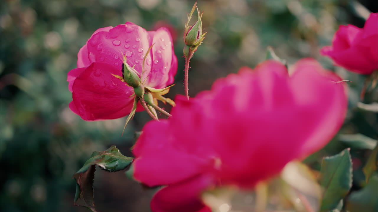 Close up of pink roses with water drops in a garden
