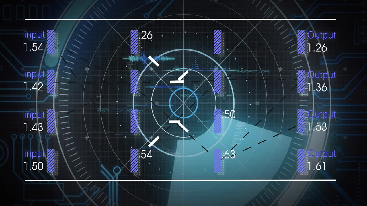 Animation of digital interface showing data input and output with circular grid