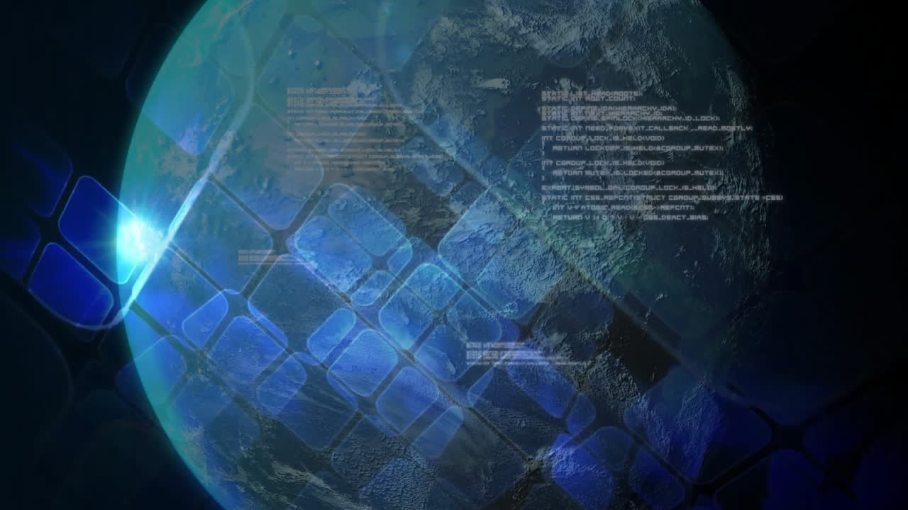 Planet Earth rotating through space featuring 3D hexagonal grid overlay and floating code panels