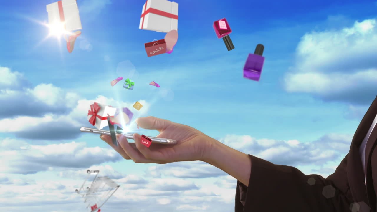 mano de una mujer que presenta el concepto de compras electrónicas con un teléfono inteligente