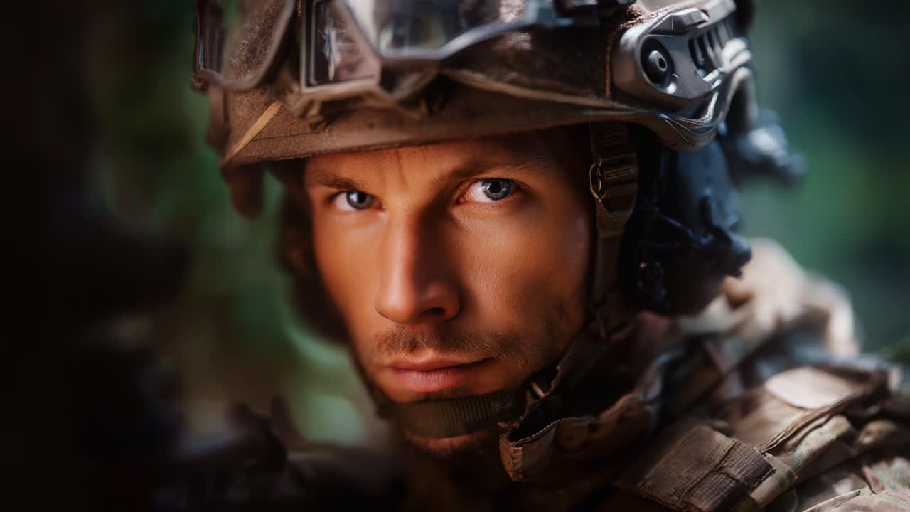 Inquadratura intensa di un soldato in tenuta tattica, che cattura l'essenza della risolutezza e del coraggio in un ambiente di combattimento complesso, pieno di determinazione e forza