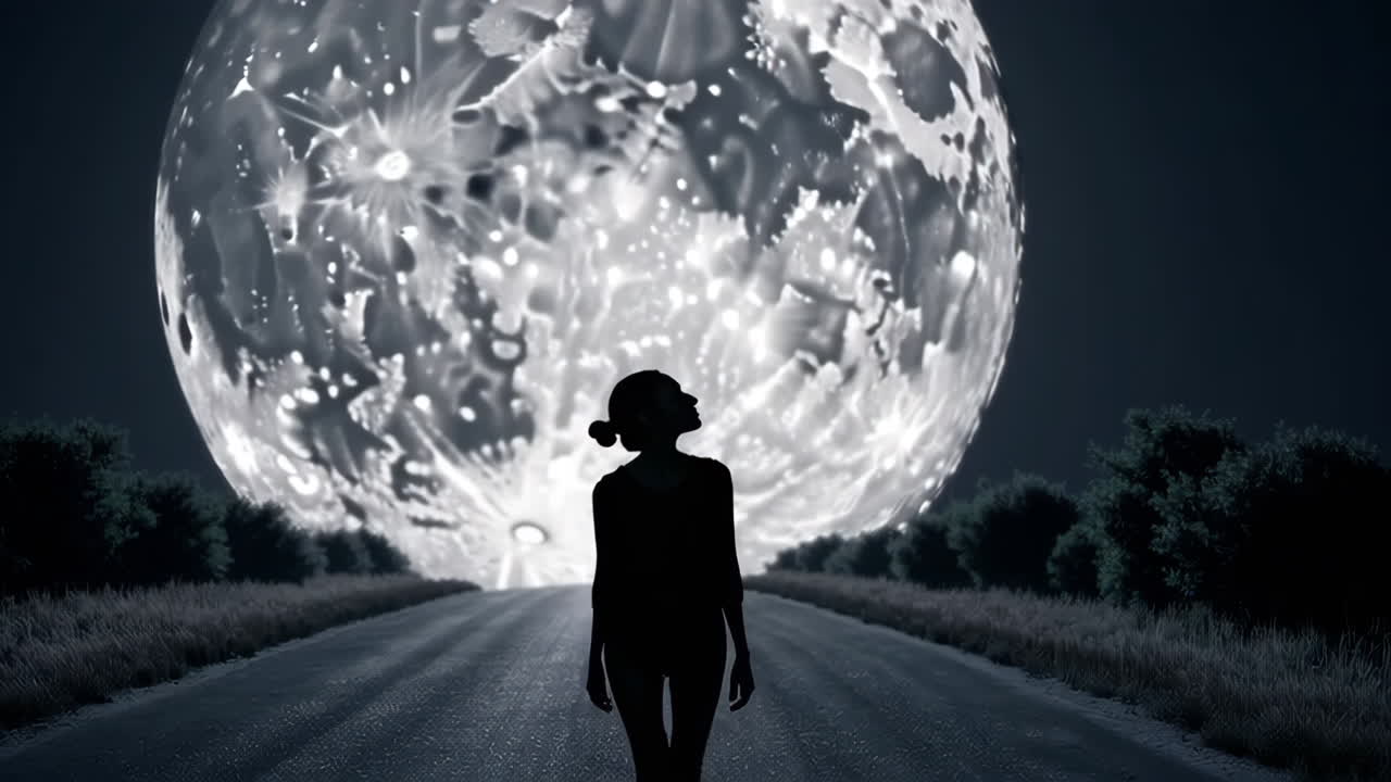 Silhouette on a Road Under a Giant Luminous Moon at Night