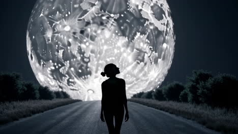 silhouette on a road under a giant luminous moon at night
