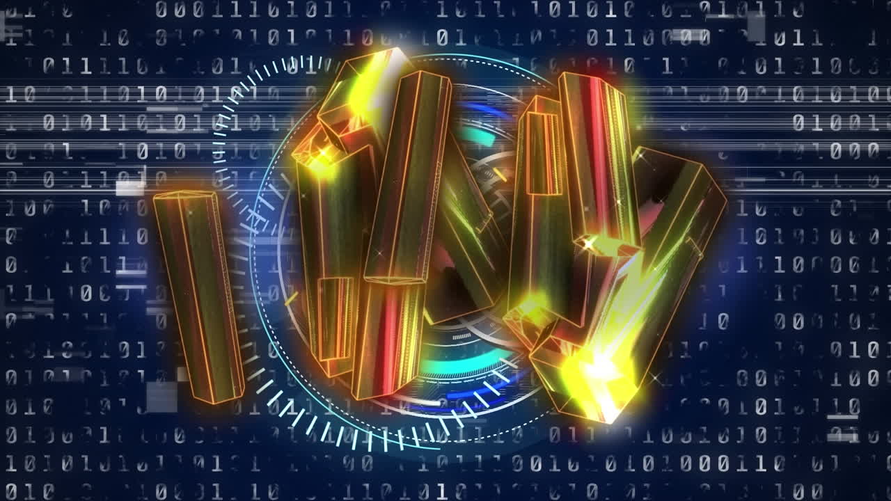 Animation of 3d glowing shapes on data processing over dark background