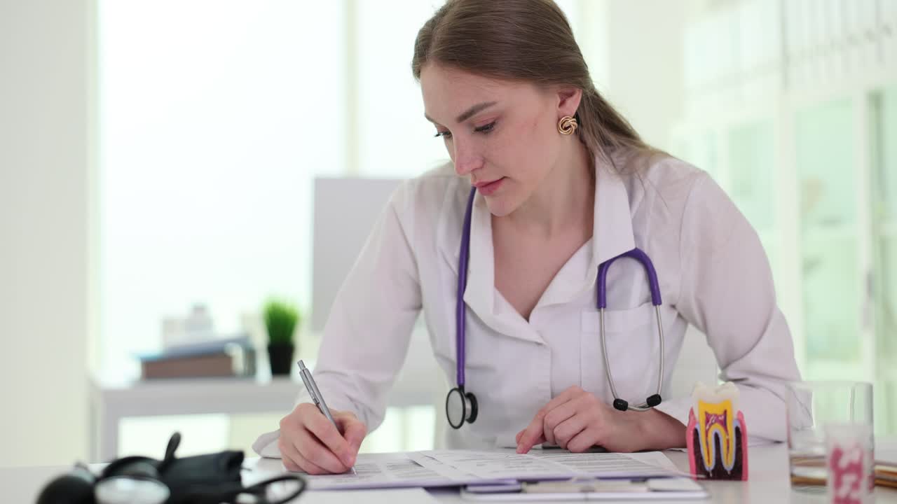 Female doctor or dentist writing notes in an office