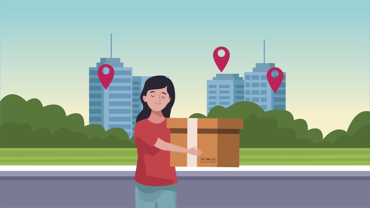 mujer levantando una caja de cartón en la escena de la ciudad