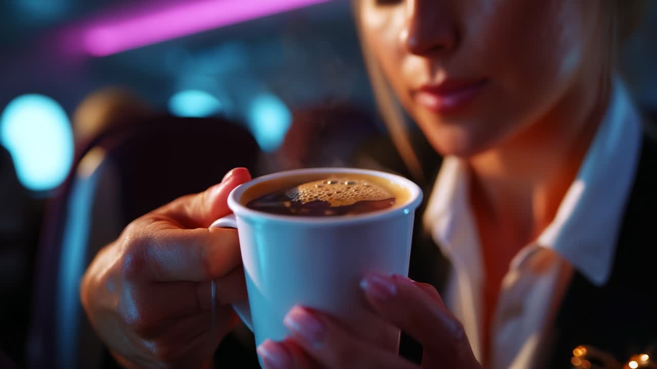 A Close-Up Experience of Enjoying a Freshly Brewed Coffee in a Cozy Aircraft Cabin, Capturing the Delight and Aroma of Perfectly Made Brewed Beverage Amidst Comfort and Travel Atmosphere