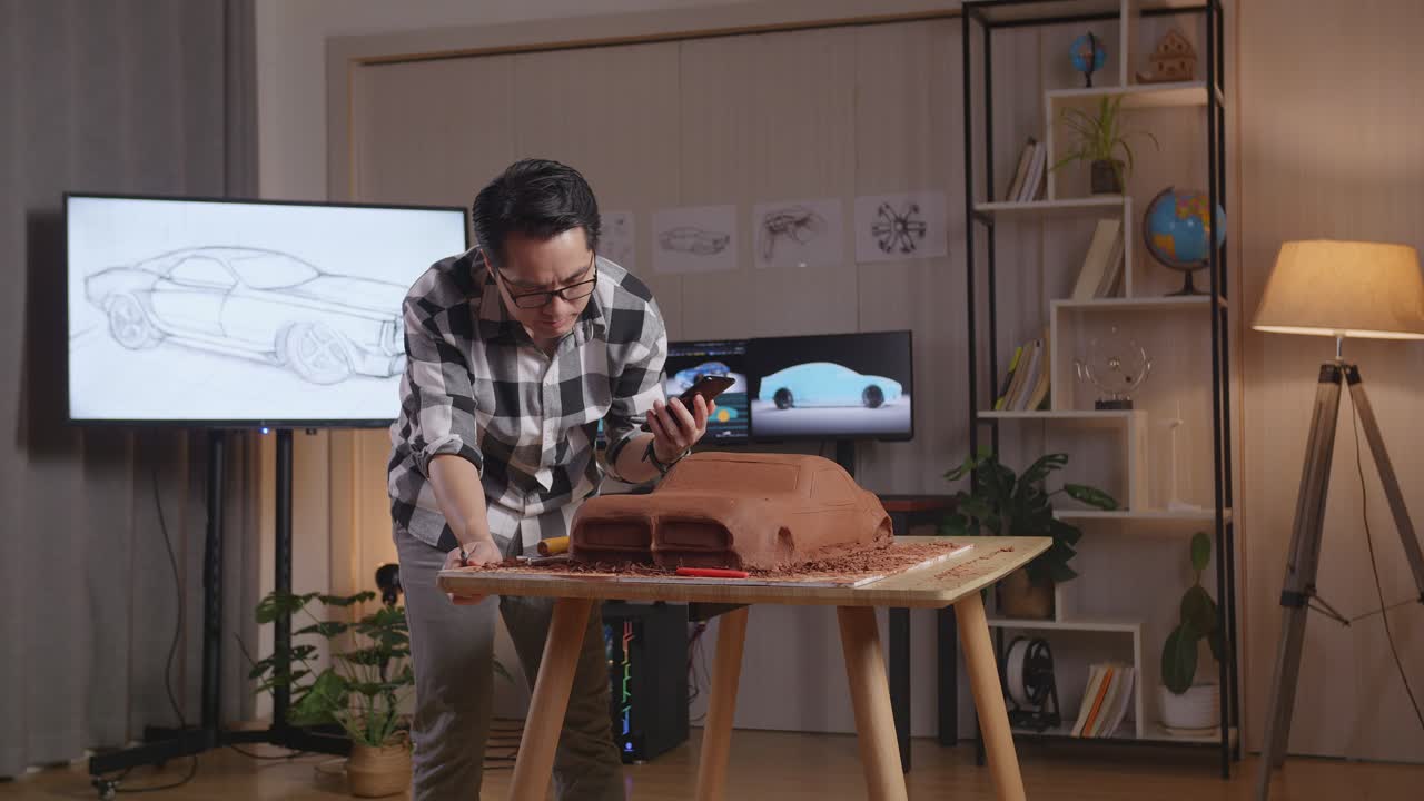un diseñador automotriz asiático compara su diseño con la foto de su teléfono inteligente mientras trabaja en la escultura de arcilla de automóviles con espátula en el estudio