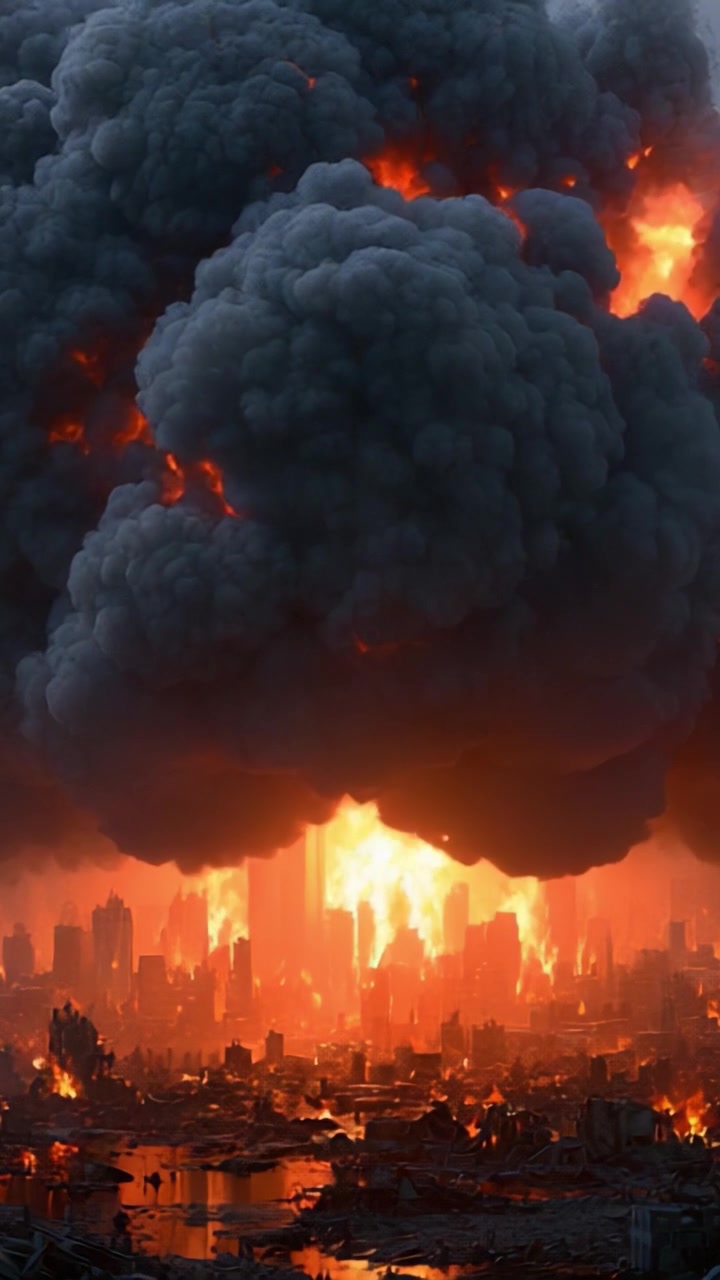 Distruzione Spettacolare: Un Evento Catastrofico Scatena Fiamme Massicce e Fumo su un Paesaggio Urbano Devastato, Significando un'Apocalisse di Scala Senza Precedenti
