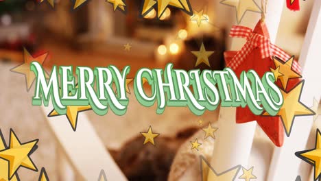 animación de hohoho feliz texto de navidad con estrellas doradas cayendo sobre la habitación con decoraciones