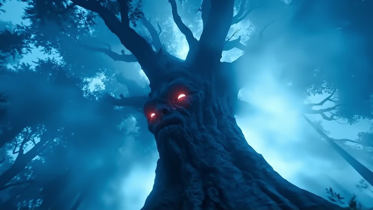 A tree with red eyes in the middle of a dark forest
