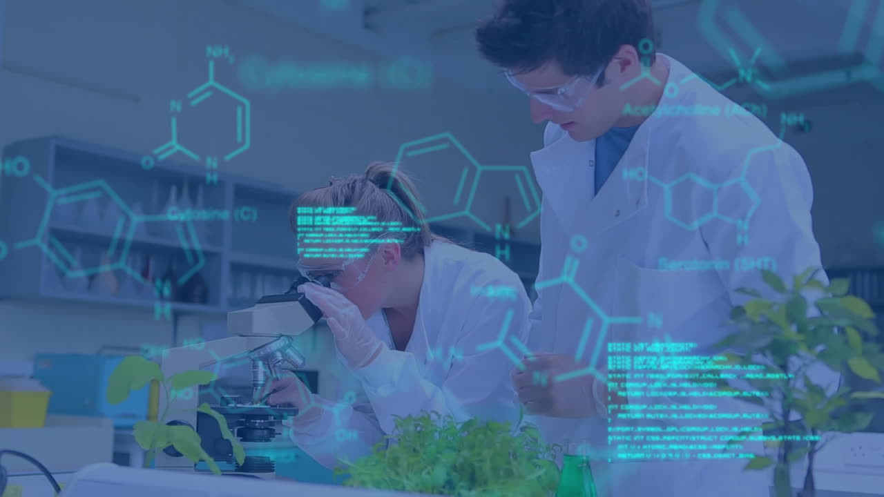 Scientists working in a laboratory with data and structural formula of chemical compounds