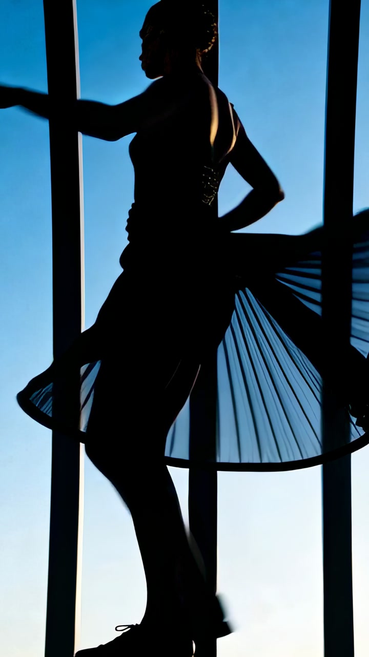 Vertical video: Spinning sunlit dancer rehearsing at tall windows, tutu fanning, holding bottle