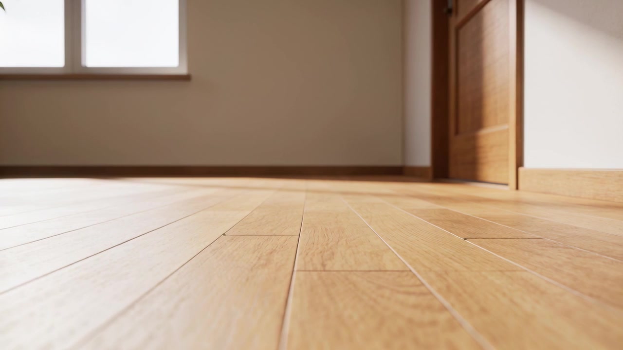 Shifting daylight revealing grain on oak floor at home, showing window, ajar door, baseboard, leaf