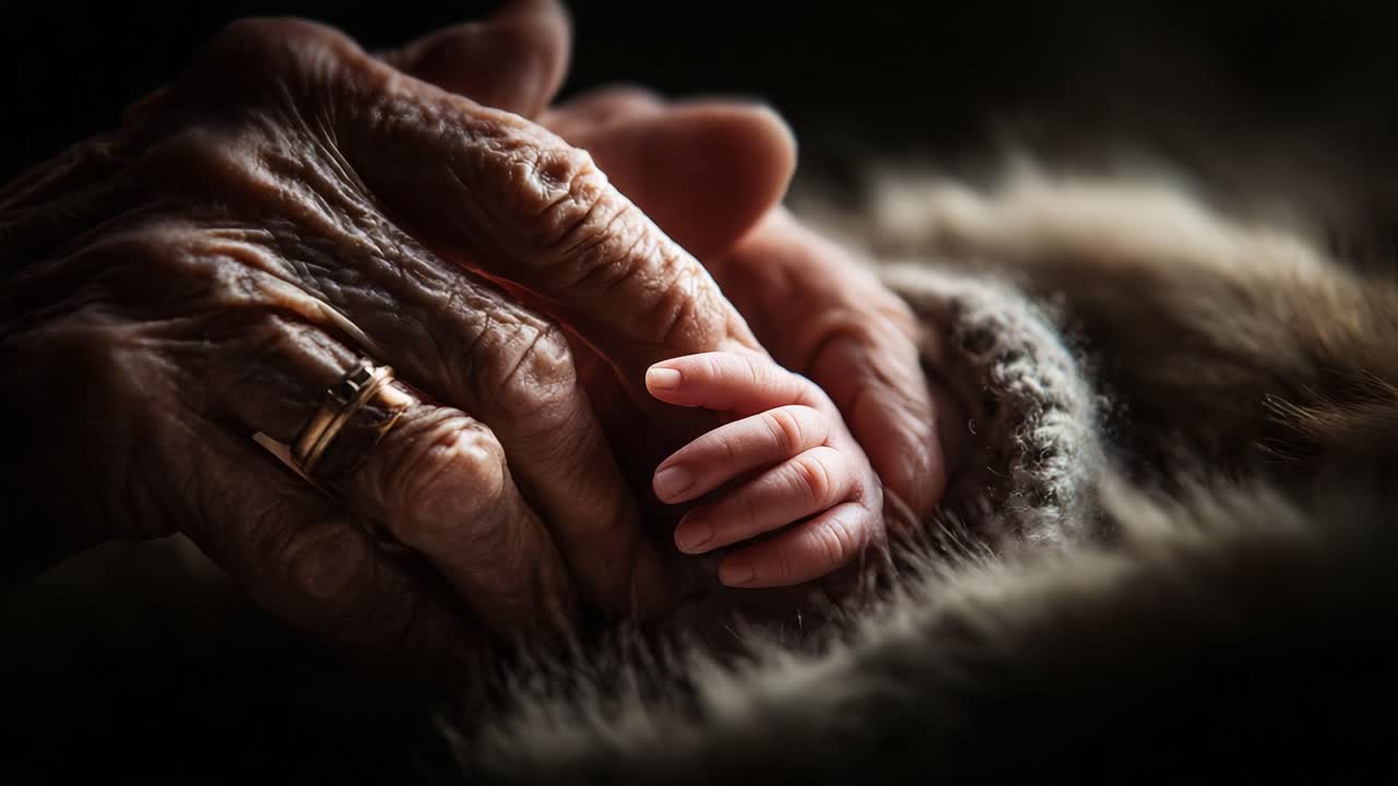 A Heartwarming Moment of Connection: The Tenderness Between Generations Captured as an Elderly Hand Gently Holds a Newborn's Hand, Symbolizing Love and Family Legacy