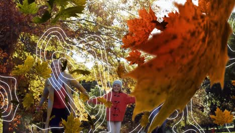 animation of isohypses and autumn leaves over happy caucasian family in park