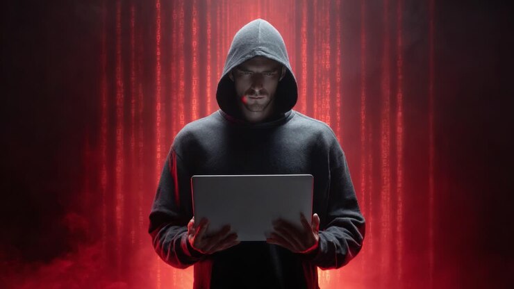 En mystisk hætteklædt figur involveret i mørk digital aktivitet omgivet af uhyggeligt rødt lys og faldende kode, der fanger essensen af cyberintriger og teknologi