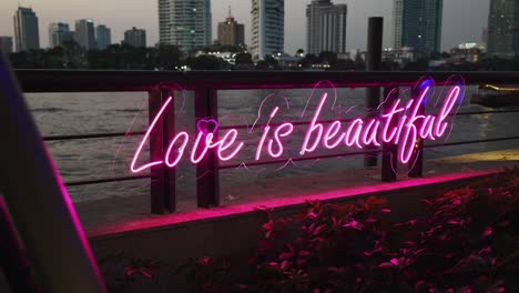 a stunning neon sign that reads 'love is beautiful' against a backdrop of skyline and river