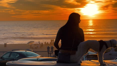 Silhouette-Einer-Frau,-Die-Am-Strand-Sitzt-Und-Den-Sonnenuntergang-Mit-Ihrem-Hund-Genießt