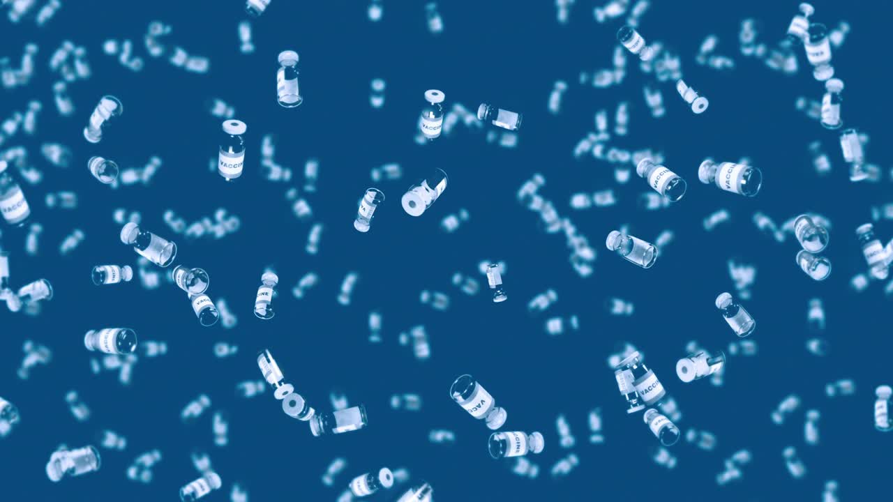 파란색 배경에 많은 백신 병을 날려. 의학 개념. 바이러스 치료. 투명한 액체. 백신의 3d 루프 애니메이션.