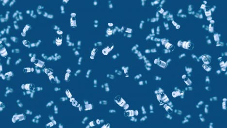 flying many vaccine bottles on blue background. medical concept. virus cure. transparent liquid. 3d loop animation of vaccines.