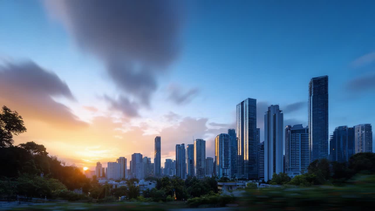 Uma transição impressionante do crepúsculo para o anoitecer sobre um horizonte moderno com arranha-céus imponentes sob nuvens dinâmicas e tons quentes do pôr do sol iluminando a cena