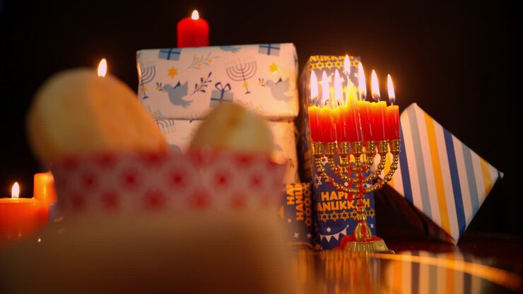 Hanukkah Menorah with Lit Candles, Gifts, and Sufganiyot on a Dark Background