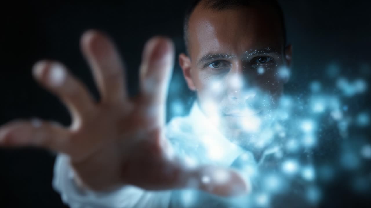 A man with an outstretched hand conjures mystical energies, surrounded by glowing blue particles in a dramatic dark setting, showcasing magic and wonder