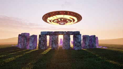 Stonehenge,-an-ancient-megalithic-stone-structure,-monument,-with-UFO-hovering-and-rotating-above-it,-with-neon-lights,-on-sunset,-3D-animation,-camera-moving-up